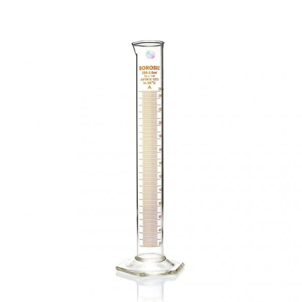 Cam Mezür 250 ml - Dereceli Silindir Sertifikalı - %100 Borosilikat - Altıgen Taban - Taksimat:2.0mL ürün görseli 1