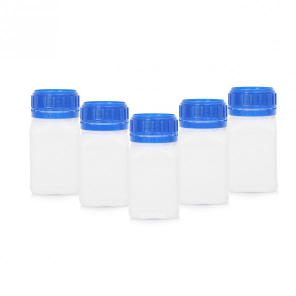 Plastik Kare Şişe 250 ml - Mavi Kapaklı Şişe - 5 Adetlik Set ürün görseli 1