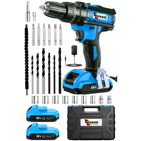 Wacker Pro Germany Passable Blue 58 v 12 ah çelik şanzuman bakır sargılı 2 akülü matkap vidalama tamir seti ürün görseli 1
