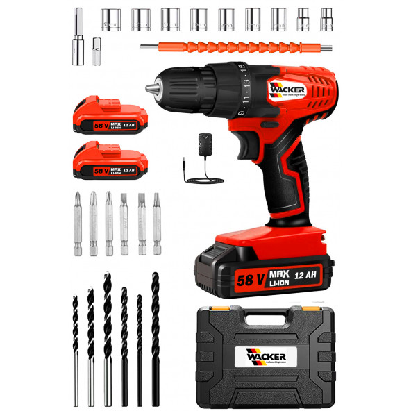 Wacker Pro Germany Red Prety 58 V 12 Ah Darbeli Çelik Şanzuman Çift Akülü Şarjlı Matkap Vidalama+Tamir Seti ürün görseli 1