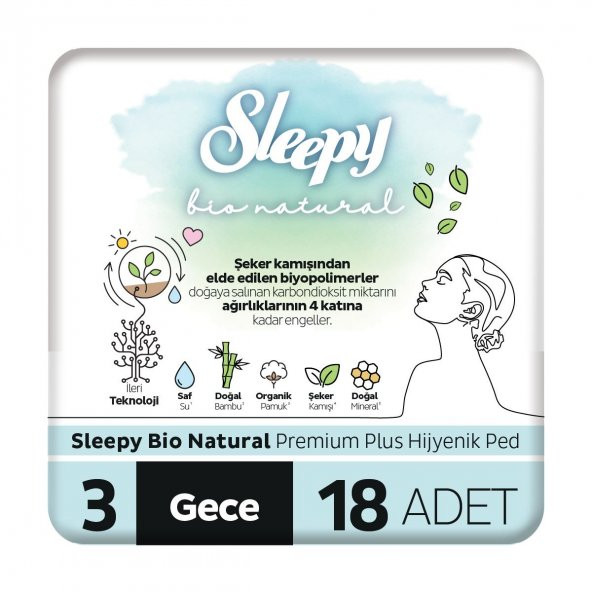 Sleepy Bio Natural Premium Plus Hijyenik Ped Gece 18x5 90 Adet Ped ürün görseli 1