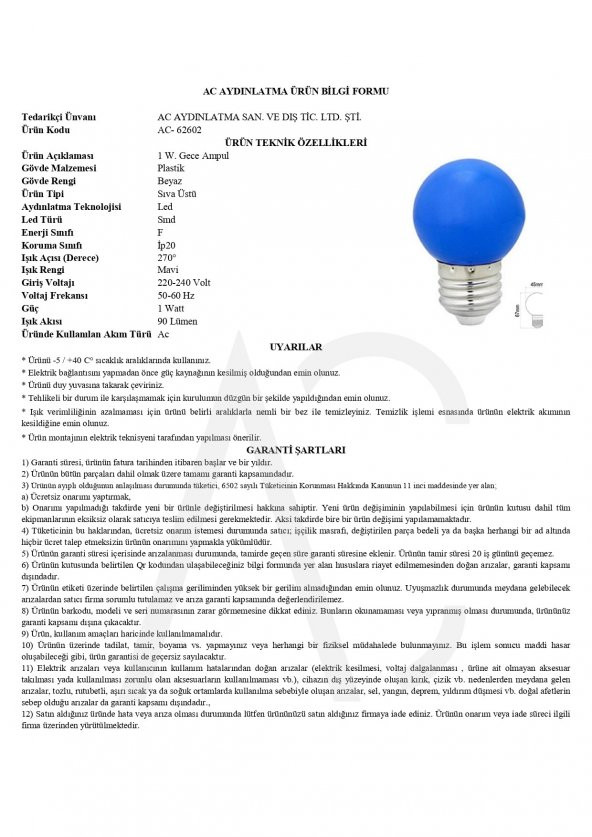 1W Gece Led Ampul Mavi - Resim 2