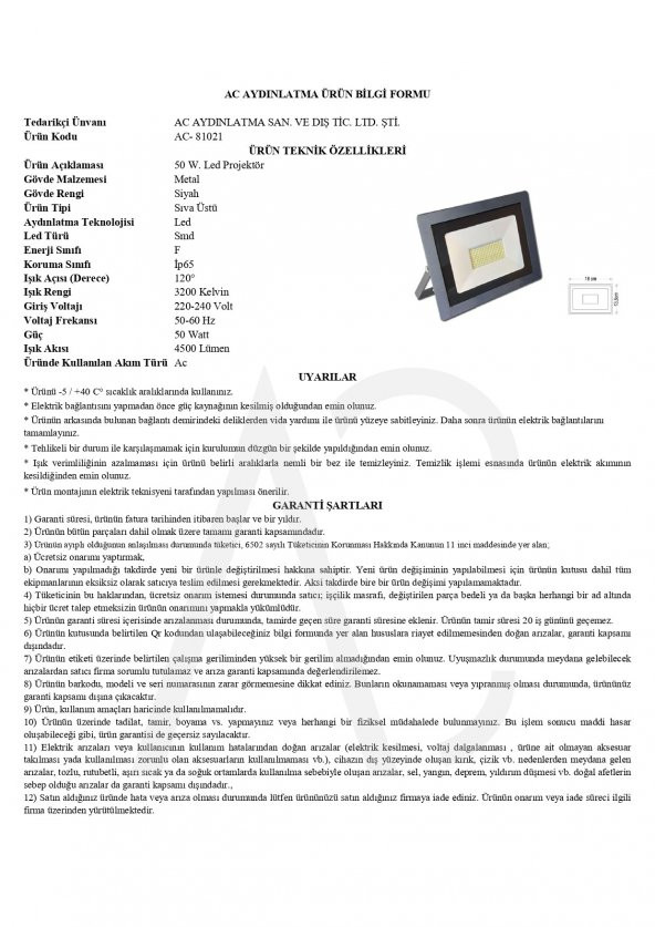 50W Led Projektör Amber Işık - Resim 2