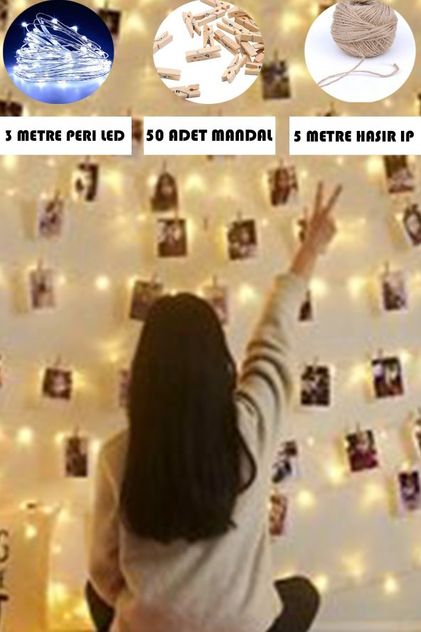 Peri Led Işık 3 Metre 30 Ledli Beyaz +50 Adet Mini Mandal +5 Metre Hasır İp ürün görseli 1