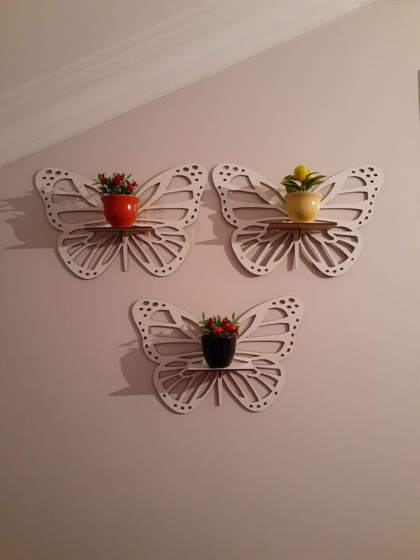 Dekoratif Kelebek Duvar Rafı 3lü Set Beyaz ürün görseli 1