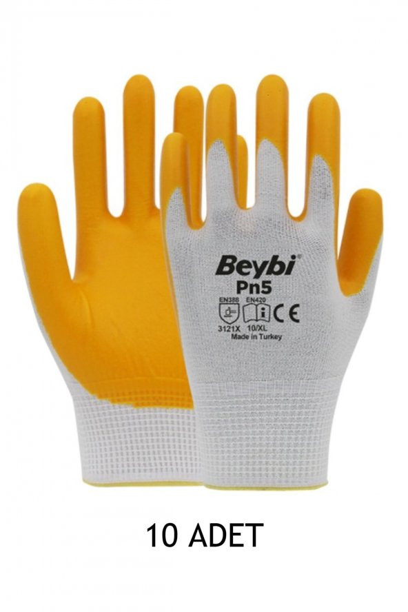 Pn5 Sarı Beyaz Polyester Örme Nitril Eldiven / 10 Adet ürün görseli 1