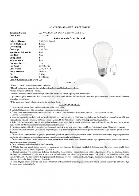 9W Bulb Led Ampul Beyaz Işık - Resim 2