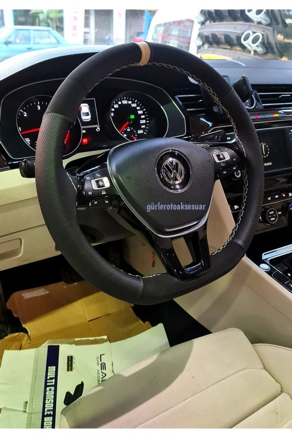 Volkswagen Passat B8 Direksiyon Kılıfı Dikmeli Noktalı-alkantara Bej Yüzüklü ürün görseli 1