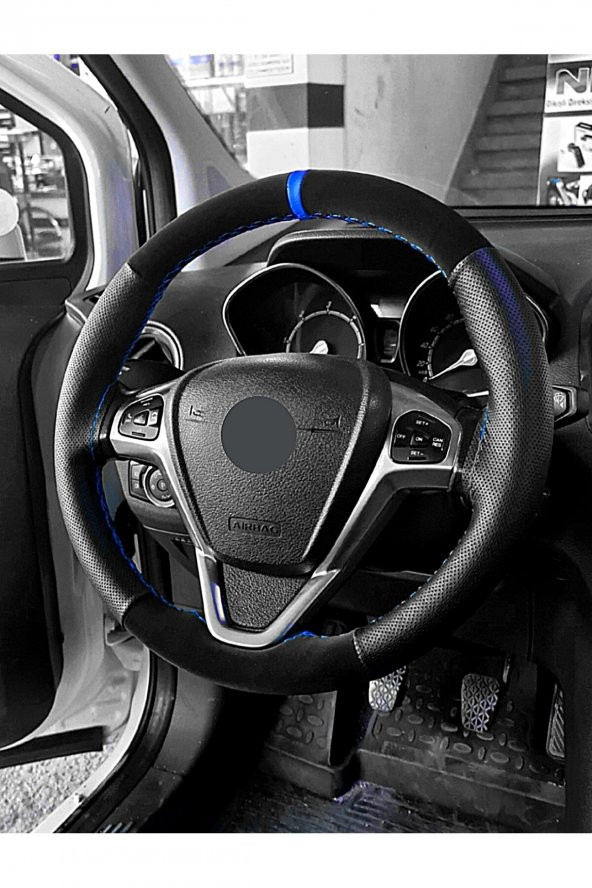 Opel Corsa D Kasa Uyumlu Dikmeli Direksiyon Kılıfı Noktalı-nubuk Mavi Yüzüklü ürün görseli 1