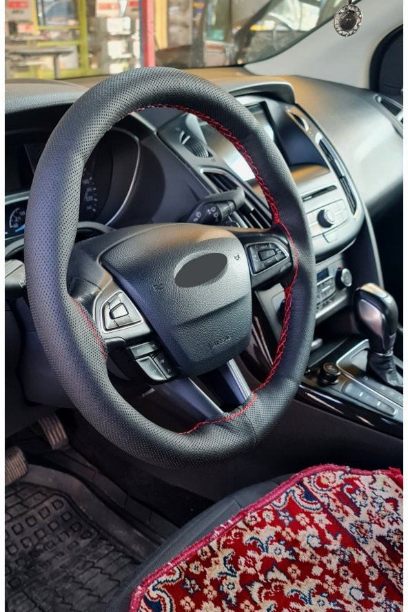 Direksiyon Kılıfı Dikmeli Delikli Desen Kırmızı İpli Ford Focus Tüm Modeller Uyumlu ( 38×10.5cm ) ürün görseli 1