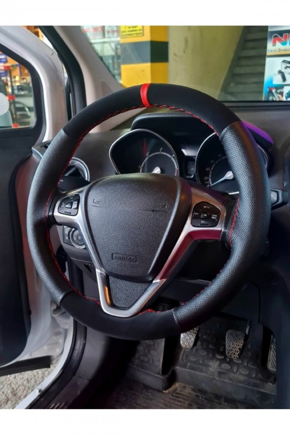 Peugeot 2008 Uyumlu Direksiyon Kılıfı Dikmeli Noktalı-nubuk Kırmızı Yüzüklü ürün görseli 1