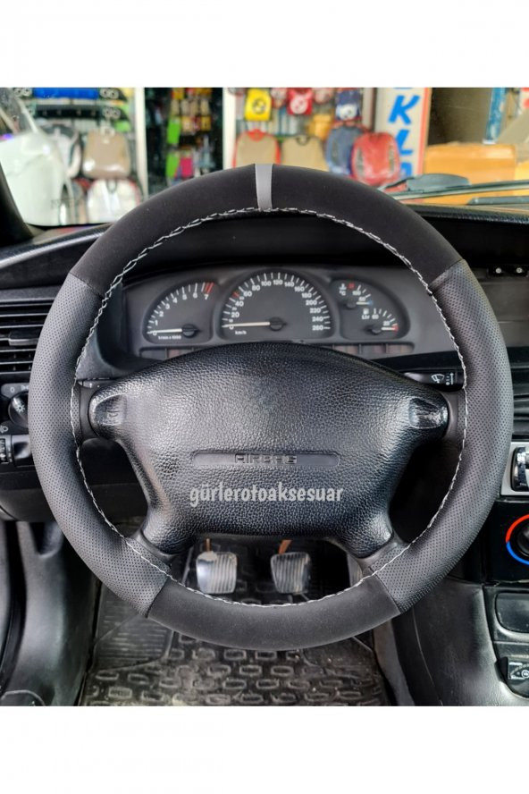 Renault Clio Symbol 2 Uyumlu Dikmeli Direksiyon Kılıfı Noktalı-Alkantara Gri Yüzüklü ürün görseli 1