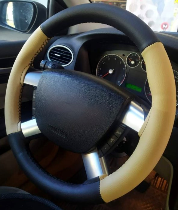Fiat Linea Uyumlu Direksiyon Kılıfı Dikmeli İki Renkli 4 prc Bej Siyah 10.3cm ürün görseli 1