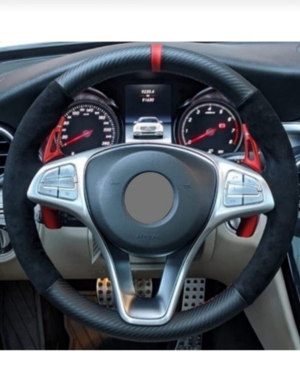Skoda Scala Uyumlu Dikmeli Direksiyon Kılıfı Alkantara Karbon Kırmızı ürün görseli 1