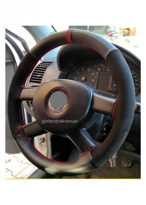 Volkwagen Araçlara Uyumlu Dikmeli Direksiyon Kılıfı Alkantara Karbon Kırmızı Yüzüklü (38×10.5CM) ürün görseli 1