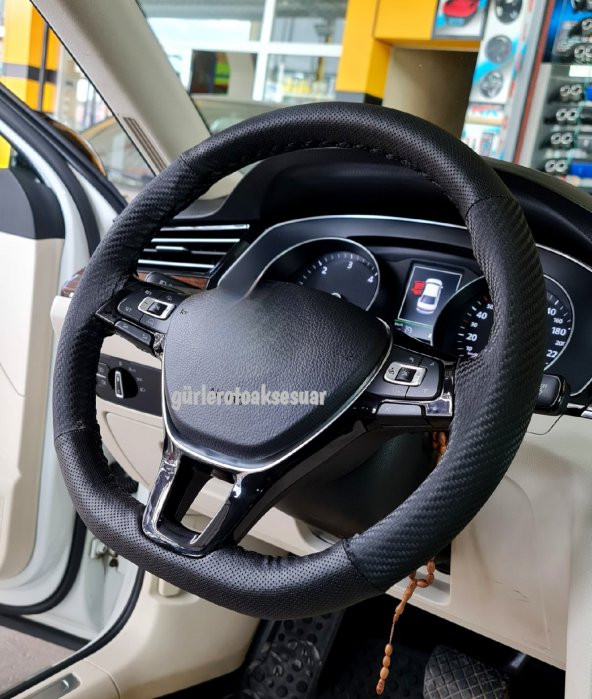 Vw Passat Polo 2017>  Uyumlu Karbon Direksiyon Kılıfı Dikmeli Noktalı Karbon Siyah ürün görseli 1
