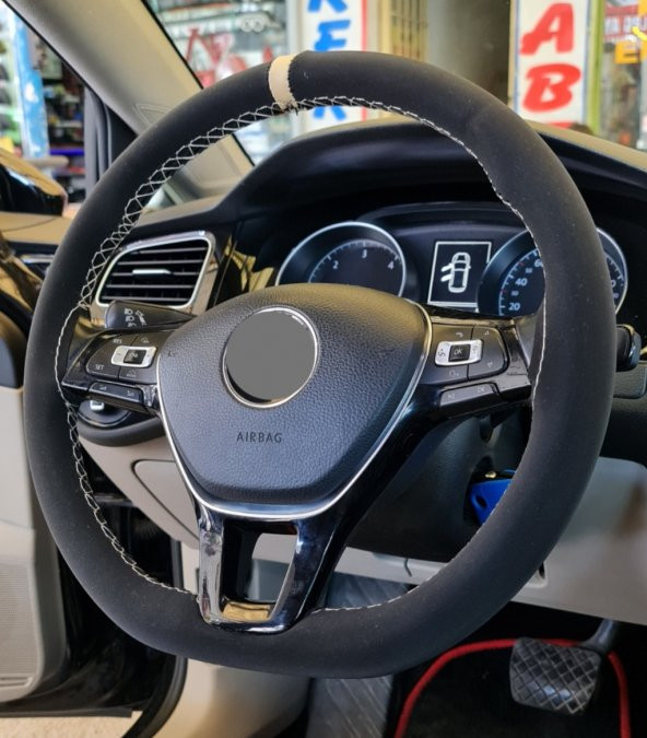 Vw Polo 2017 Ve Sonrası Uyumlu Dikmeli Direksiyon Kılıfı Alkantara Bej Yüzüklü ürün görseli 1
