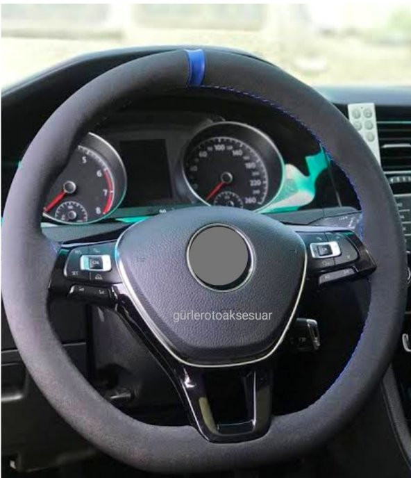 Volkswagen Polo 2017 > Uyumlu Dikmeli Direksiyon Kılıfı Alcantara Mavi Yüzüklü ürün görseli 1