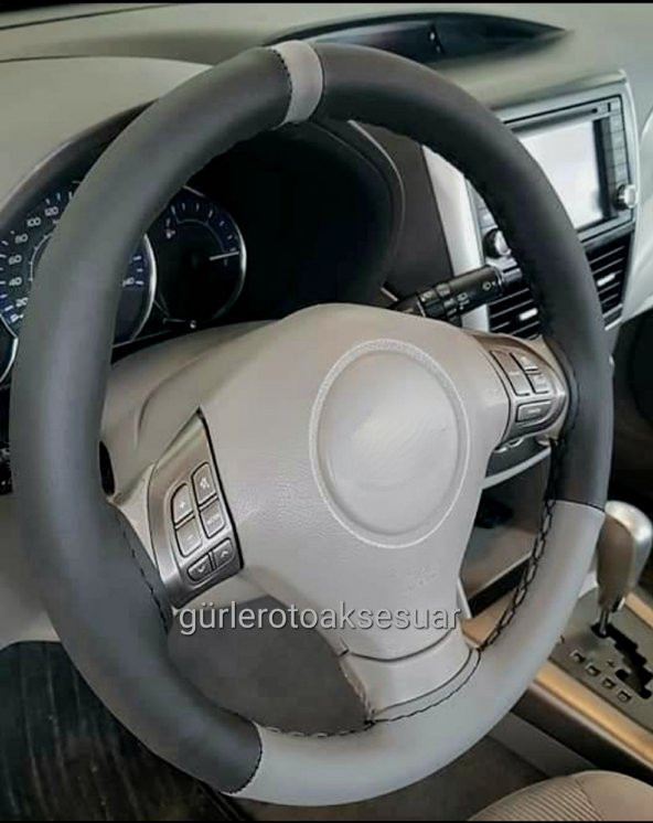 Subaru Uyumlu Deri Dikmeli Direksiyon Kılıfı İki Renkli Yüzüklü Gri A+Plus ürün görseli 1