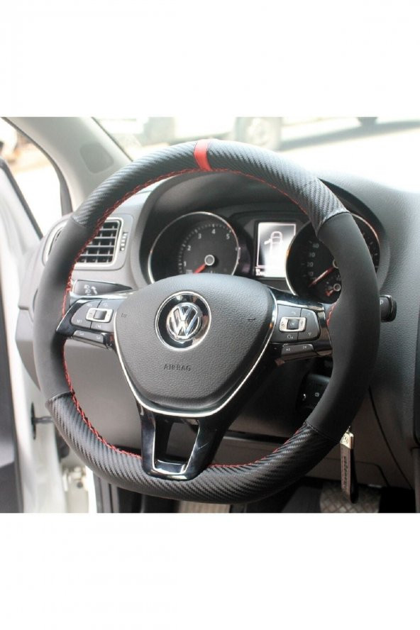 Volkswagen Golf 7 Uyumlu Dikmeli Direksiyon Kılıfı Karbon Desenli Alkantara Kımızı Yüzük ürün görseli 1