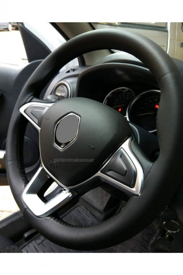 Renault Clio Symbol 2013+ Uyumlu Dikmeli Deri Direksiyon Kılıfı Siyah Deri Kırmızı Ipli (38×11cm) ürün görseli 1
