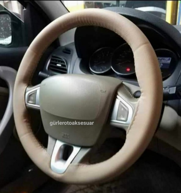 Renault Megane 2 Uyumlu   Dikmeli Deri Direksiyon Kılıfı Esnek Kokusuz Bej Renk ürün görseli 1
