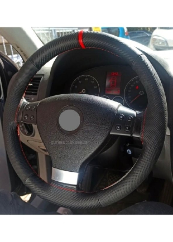 VW Passat B8,5 Kasa Uyumlu Dikmeli Direksiyon Kılıfı Karbon Delikli Kırmızı Yüzüklü ürün görseli 1