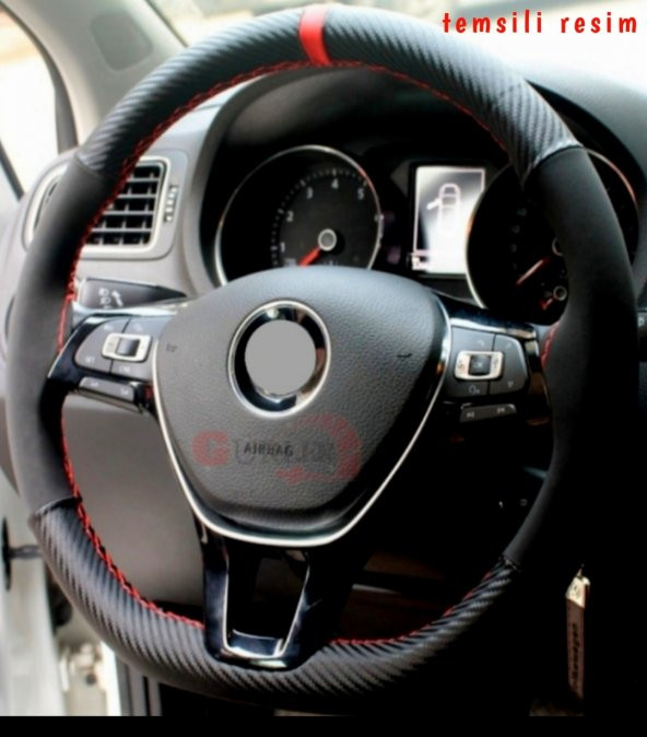 Renault Megane 4 Uyumlu Kırmızı Yüzüklü Karbon Alkantara Dikmeli Dikmeli Direksiyon Kılıfı ürün görseli 1