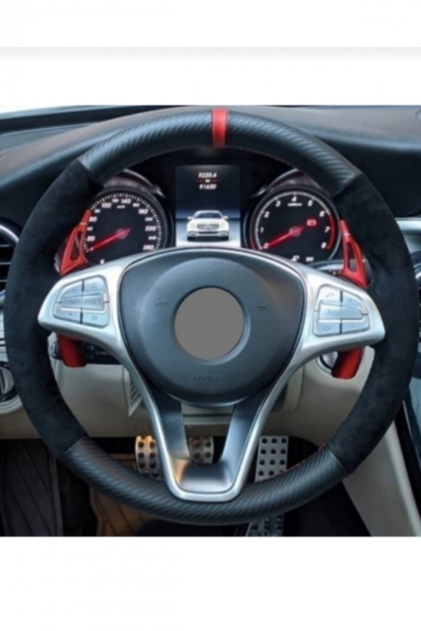 Skoda Superb Uyumlu Dikmeli Direksiyon Kılıfı Alkantara Karbon Kırmızı ürün görseli 1