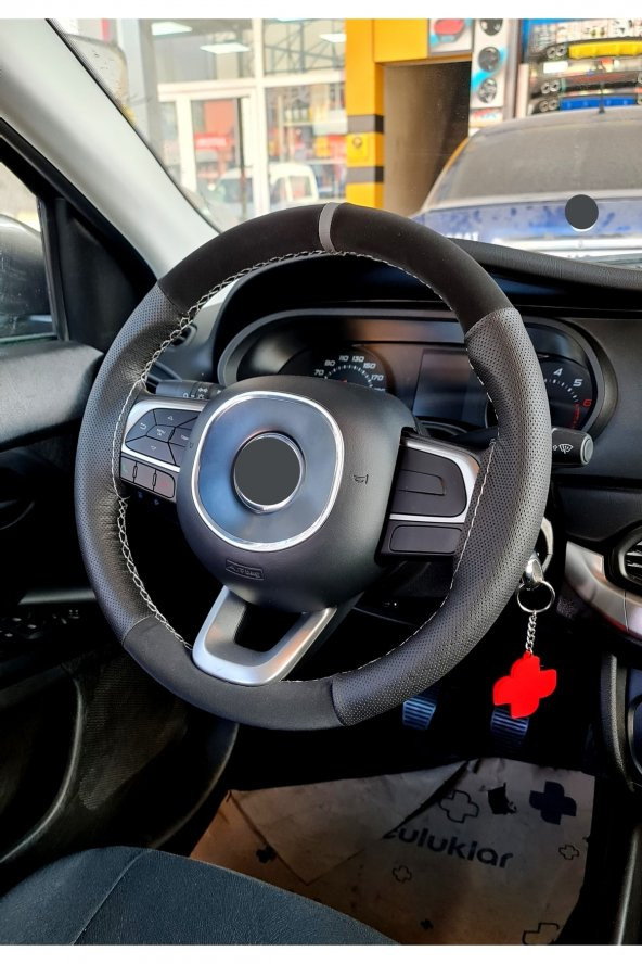 Fiat Egea Uyumlu Dikmeli Direksiyon Kılıfı Noktalı-alkantara Gri Yüzüklü ürün görseli 1