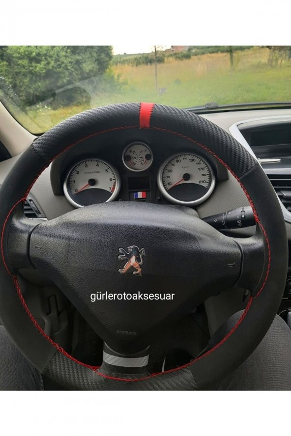 Peugeot 206 Dikmeli Direksiyon Kılıfı Alkantara-karbon Kırmızı Yüzüklü ürün görseli 1