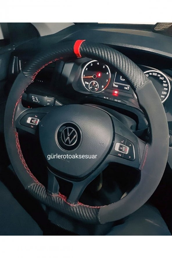 Volkswagen Polo 2021 Dikmeli Direksiyon Kılıfı Alkantara-karbon Kırmızı Yüzüklü ürün görseli 1