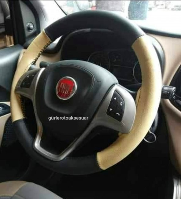 Fiat Doblo 2010+ Uyumlu Direksiyon Kılıfı Dikmeli İki Renkli Bej Siyah ürün görseli 1
