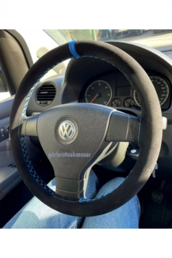Volkswagen Polo 2017> Dikmeli Direksiyon Kılıfı Alkantra Mavi Yüzüklü ürün görseli 1