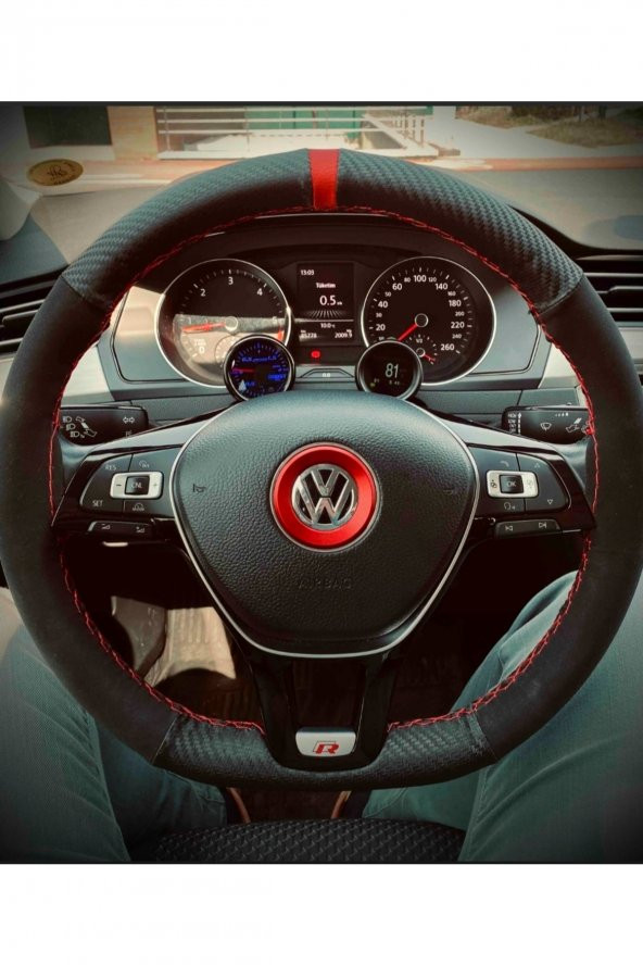 Volkswagen Polo 2017 > Uyumlu Dikmeli Direksiyon Kılıfı Alkantara-carbon Kırmızı Yüzüklü ürün görseli 1
