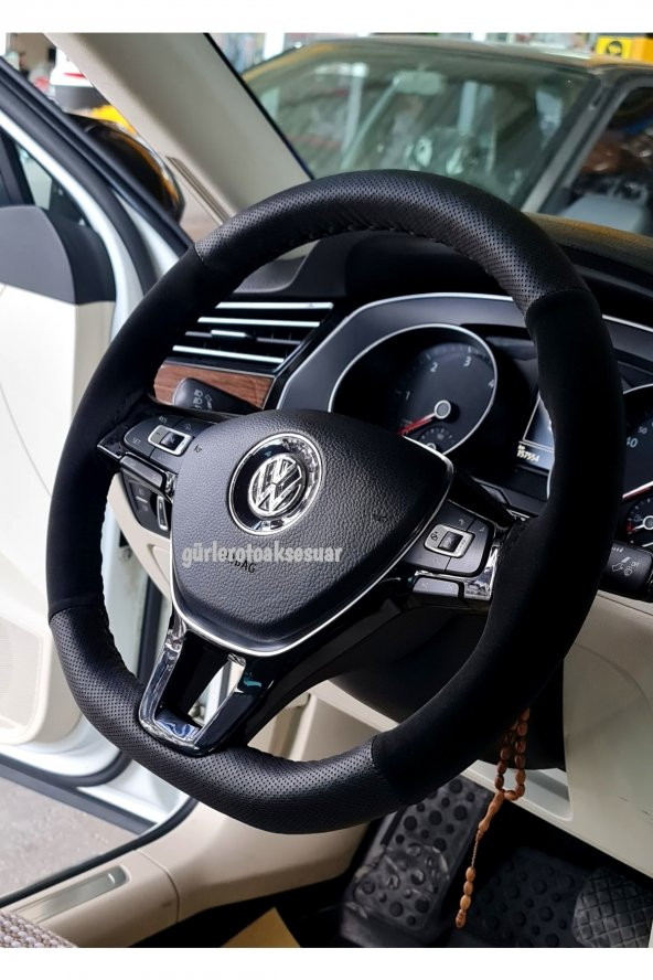 Volkswagen Passat B8 Alcantara Direksiyon Kılıfı Dikmeli Noktalı Nubuk Siyah 2015 ve Uyumlu ürün görseli 1