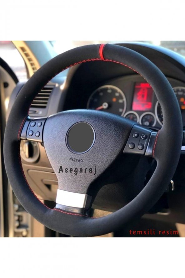 Fiat Punto Uyumlu Dikmeli Direksiyon Kılıfı Nubuk Alkantra Kırmızı Yüzüklü ürün görseli 1
