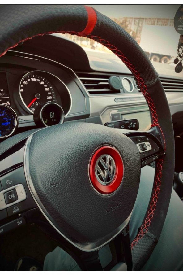 Volkswagen Passat B8 Uyumlu  Dikmeli Direksiyon Kılıfı Alkantra Karbon Kırmızı Yüzüklü ürün görseli 1