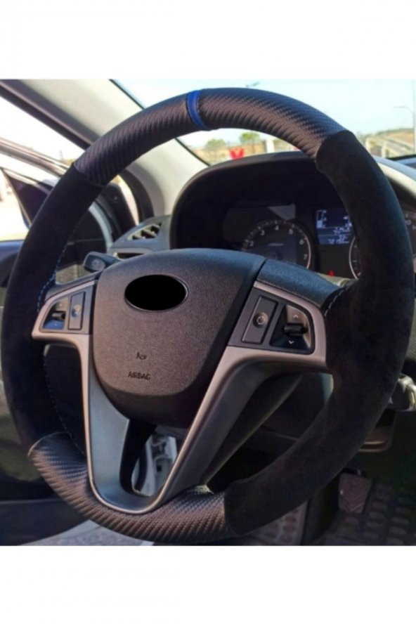 Hyundai Era Uyumlu Alkantra Karbon Mavi Yüzüklü Direksiyon Kılıfı ürün görseli 1