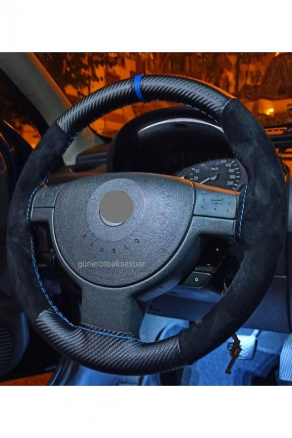 Opel Combo Dikmeli Direksiyon Kılıfı Alkantra Karbon Mavi Yüzüklü ürün görseli 1
