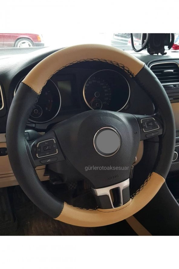 Vw Caddy Direksiyon Kılıfı Dikmeli Iki Renkli Bej Siyah ürün görseli 1