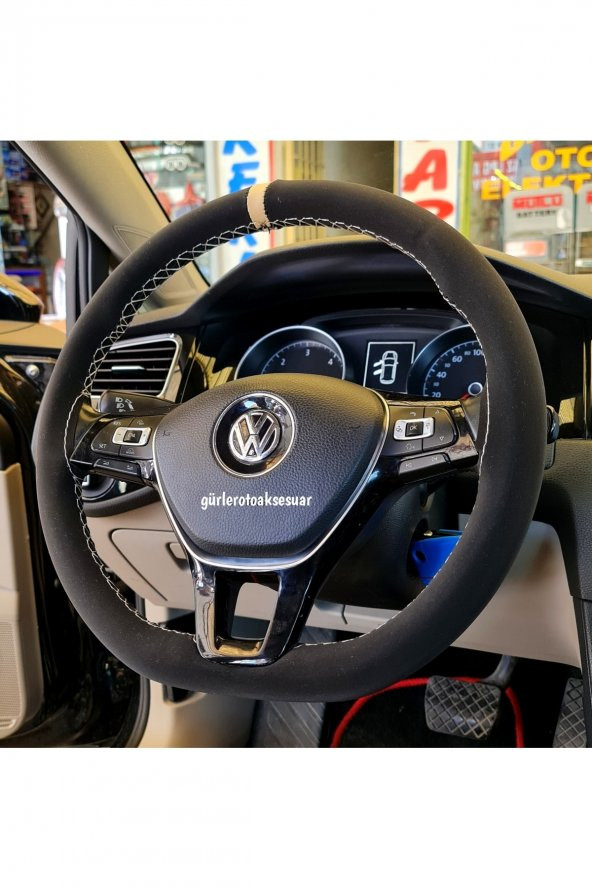 Vw Golf 7 Uyumlu Dikmeli Direksiyon Kılıfı Alkantra Bej Yüzüklü ürün görseli 1
