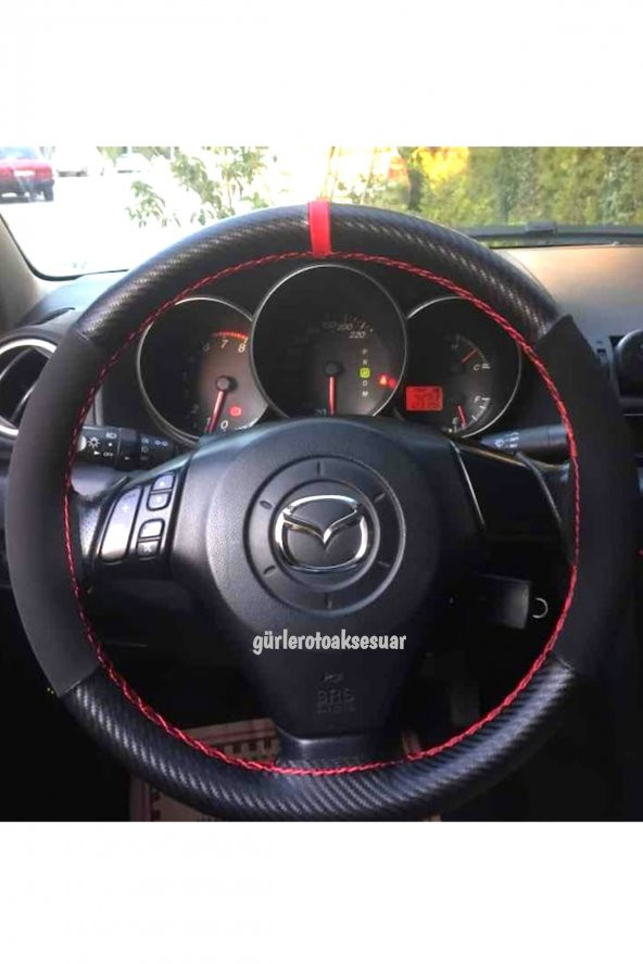 Mazda Grup Uyumlu Dikmeli Direksiyon Kılıfı Alkantra Karbon Kırmızı Yüzüklü(38cm×10.5cm) ürün görseli 1
