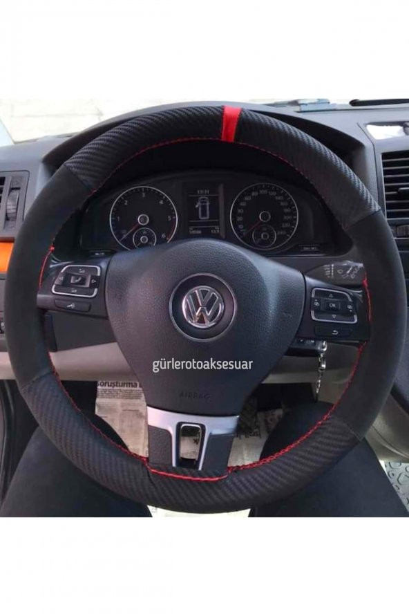 Vw Transporter T6-t7 Uyumlu Dikmeli Direksiyon Kılıfı Alkantra Karbon Kırmızı Yüzüklü ürün görseli 1