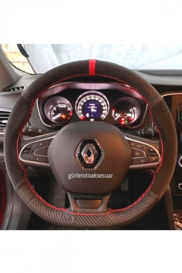 Renault Megane 4 Uyumlu Dikmeli Direksiyon Kılıfı Alkantra Karbon Kırmızı Yüzüklü ürün görseli 1
