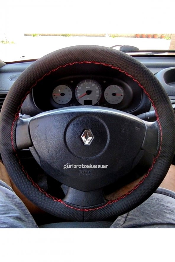 Renault Clio Deri Dikmeli Direksiyon Kılıfı Noktalı Kırmızı Ipli (38cm×10.5cm) ürün görseli 1