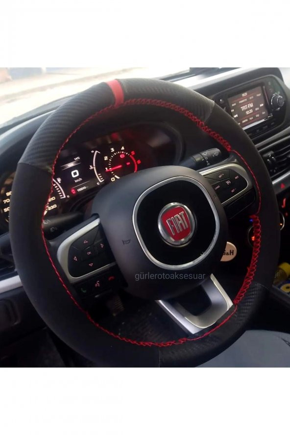 Fiat Doblo 2010> Direksiyon Kılıfı Dikmeli Alkantara-karbon Kırmızı Yüzüklü ürün görseli 1