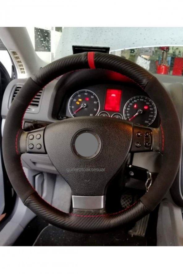 Vw Jetta Alkantra Karbon Direksiyon Kılıfı Dikmeli Kırmızı ürün görseli 1