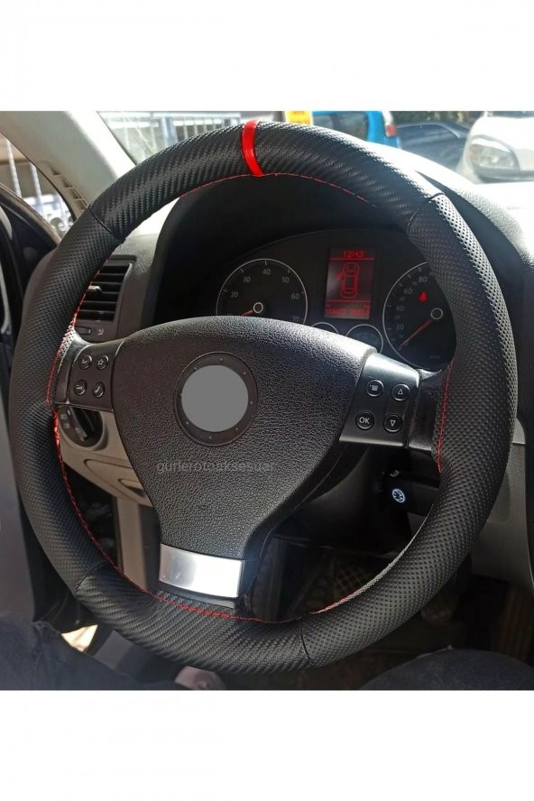 Vw Lupo Dikmeli Direksiyon Kılıfı Karbon Delikli Kırmızı Yüzüklü ürün görseli 1
