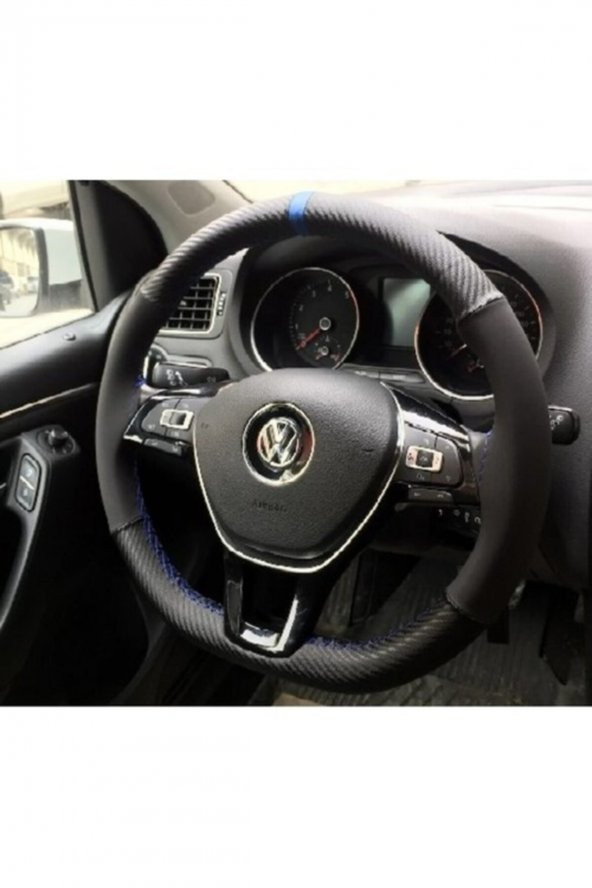 Dacia Logan 2 Direksiyon Kılıfı Alkantra Karbon Mavi Yüzüklü ürün görseli 1